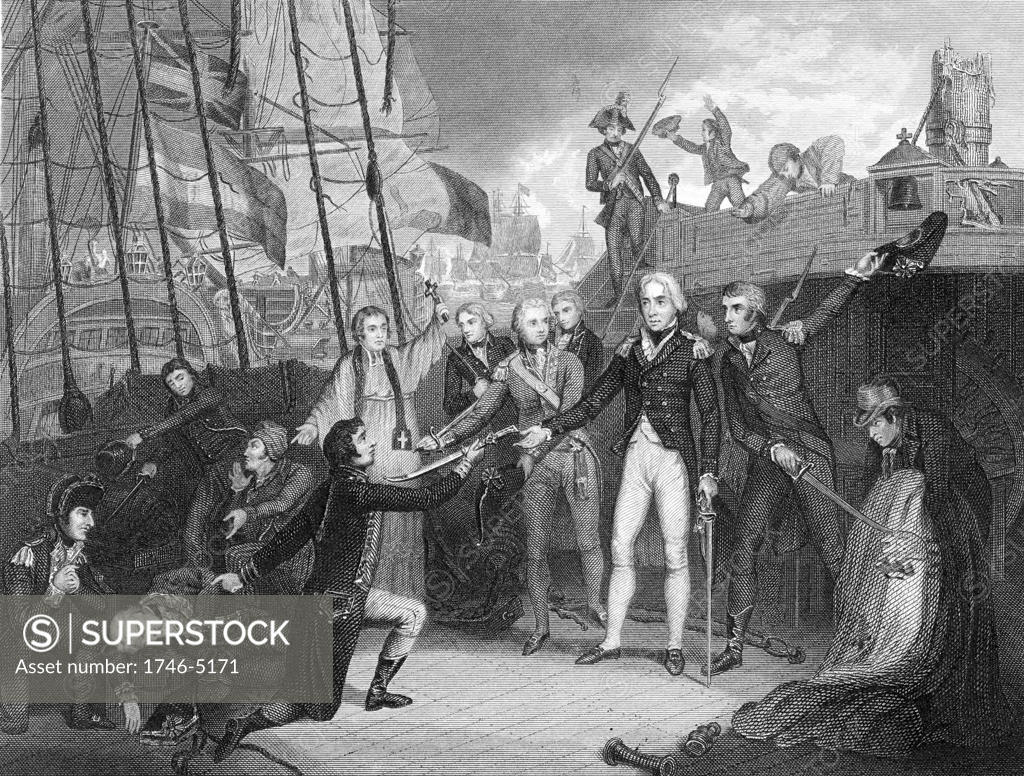 Stock Photo: 1746-5171 Nelson accepting surrender of Spanish admiral's sword on board the 'San Joseph', Cape St Vincent. Engraving