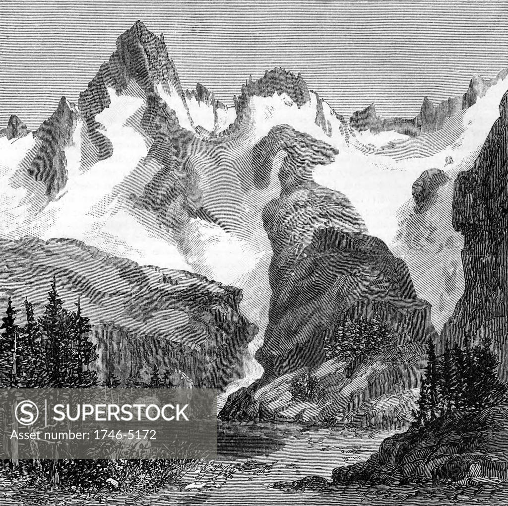 Stock Photo: 1746-5172 Rush Creek Glacier, on eastern slopes of the Sierra Nevada, California, USA. Wood engraving from an article of 1875 by John Muir (1838-1914) Scottish-born American naturalist and campaigner for National Parks.
