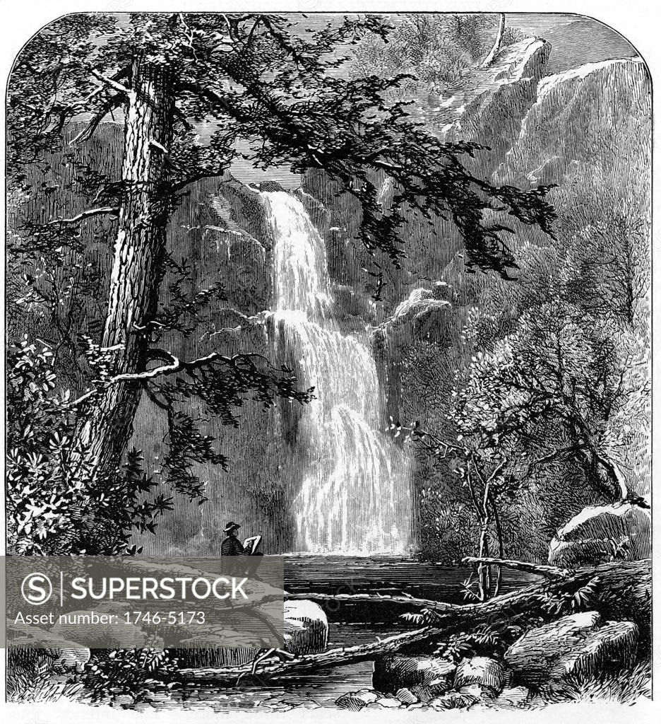 Stock Photo: 1746-5173 Waterfall in the Yosemite Valley, California, USA.. Yosemite designated as a state park in 1864, then made a national park in 1890 together with surrounding territory. Wood engraving c1875.