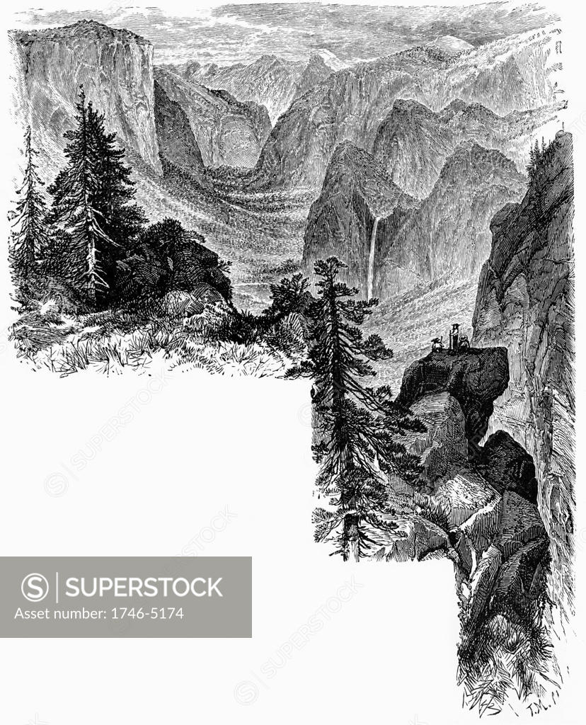 Stock Photo: 1746-5174 Entrance of Yosemite Valley, California, USA. Yosemite designated as a state park in 1864, then made a national park in 1890 together with surrounding territory. Wood engraving c1875.