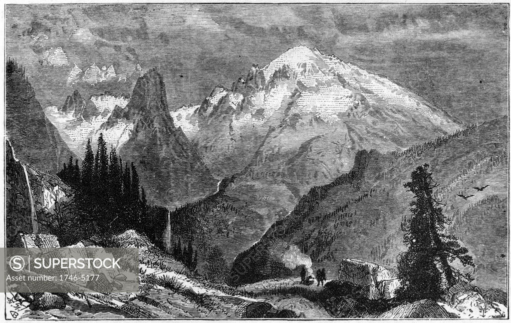 Stock Photo: 1746-5177 Mount Shasta, northern peak of the Sierra Nevada, California, USA. Wood engraving c1870