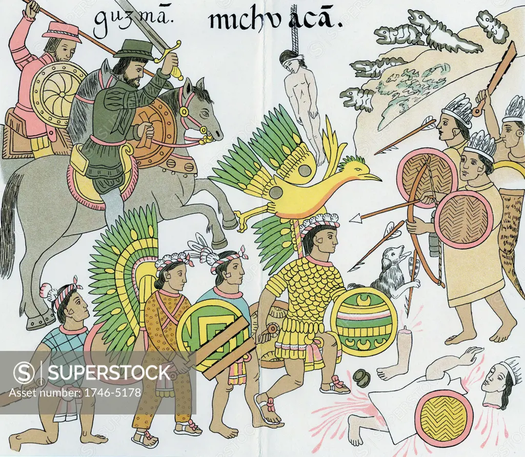Battle between Nuno de Guzman and his native Tlazcalan allies against inhabitants of Michuacan. Centre: a chief (Xicotencati?) carrying Tlzatian badge accompanied by war dogs. Copy of drawings of Lienzo de Tiazcala lost during revolution in 19th century
