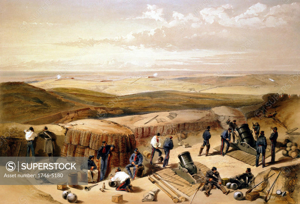 Stock Photo: 1746-5180 Crimean (Russo-Turkish) War 1853-1856 'The New Works at the Siege of Sebastapol. Mortar battery on right of Jordan's battery'. From William Simpson Illustrations of the War in the East 1855-1856.