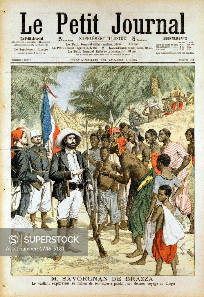 Stock Photo: 1746-5181 Pierre-Paul-Francois-Camille Savorgnan de Brazza (1852-1905) on his last journey in the Congo. French explorer, founder of Brazzaville. From Le Petit Journal Paris, March 1905