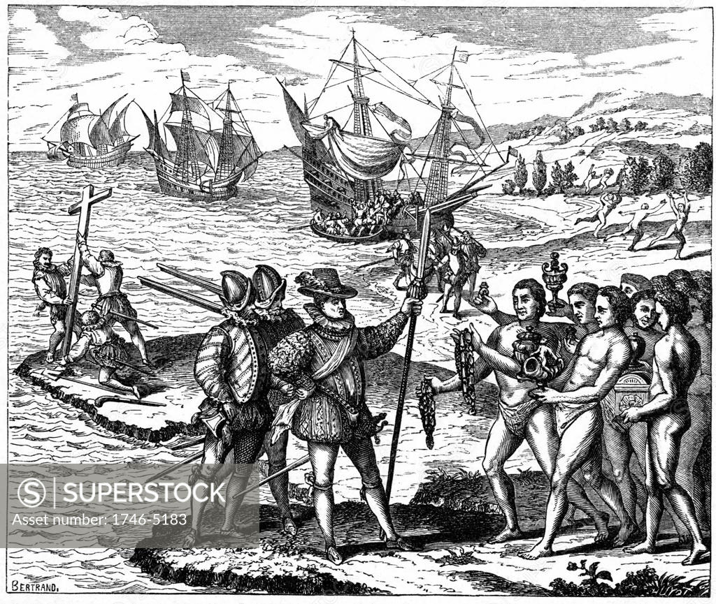 Stock Photo: 1746-5183 Christopher Columbus (1451-1506) Genoese explorer, discovering America - 12 May 1492. From engraving by Theodore de Bry 1590.