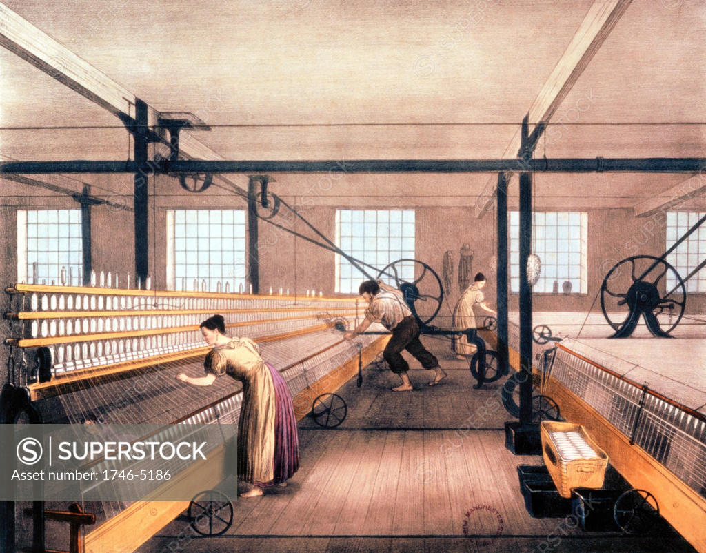 Stock Photo: 1746-5186 Spinning cotton with self-acting mules of type devised by Richard Roberts (1825). These could be powered by water wheel or steam engine and power transferred to machines through belt-and-shafting. Under mule minded by woman on left, child is employed to crawl under threads and sweep up. Print c1835.