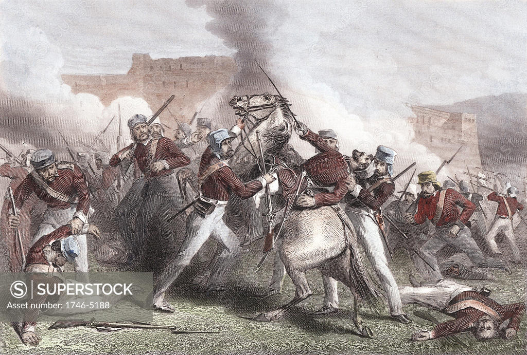 Stock Photo: 1746-5188 Indian Mutiny 1857-1859, also known as the Sepoy Mutiny or the Great War of Independence: Death of Brigadier Adrian Hope during British attack on Fort Roodamow 15 April 1858. Hand-coloured engraving.