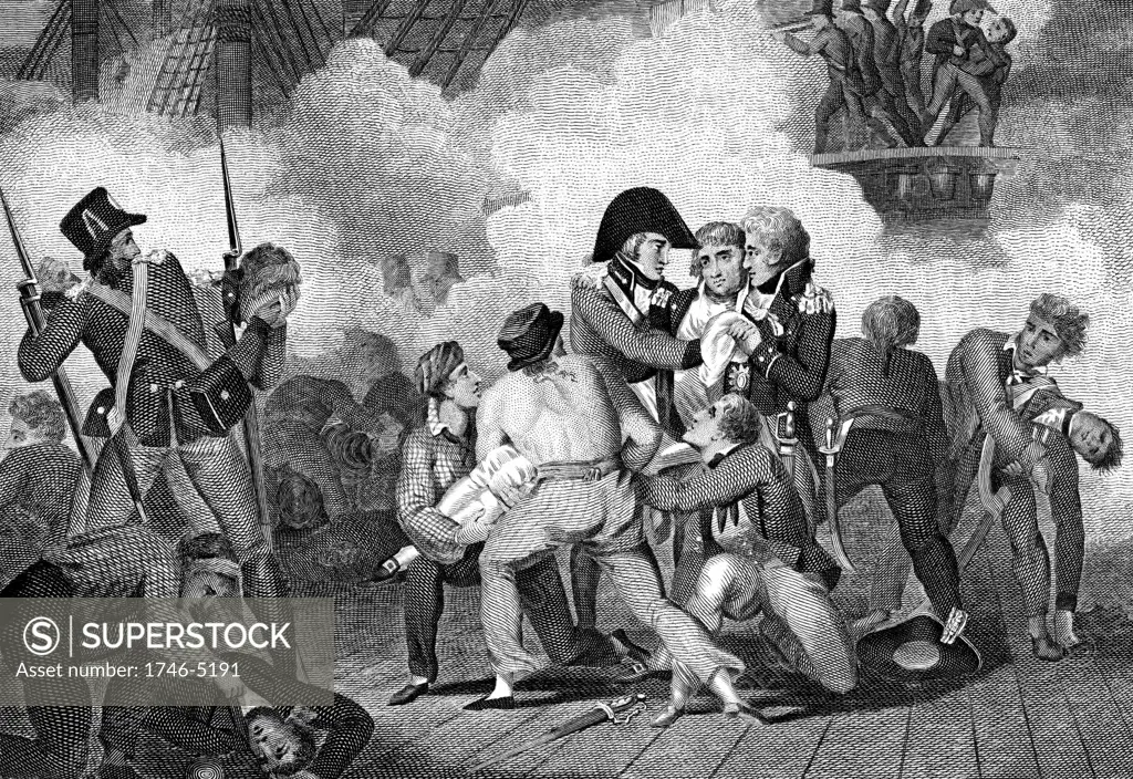 Death of Nelson (1758-1805) on board 'HMS Victory' at battle of Trafalgar. Engraving 1827