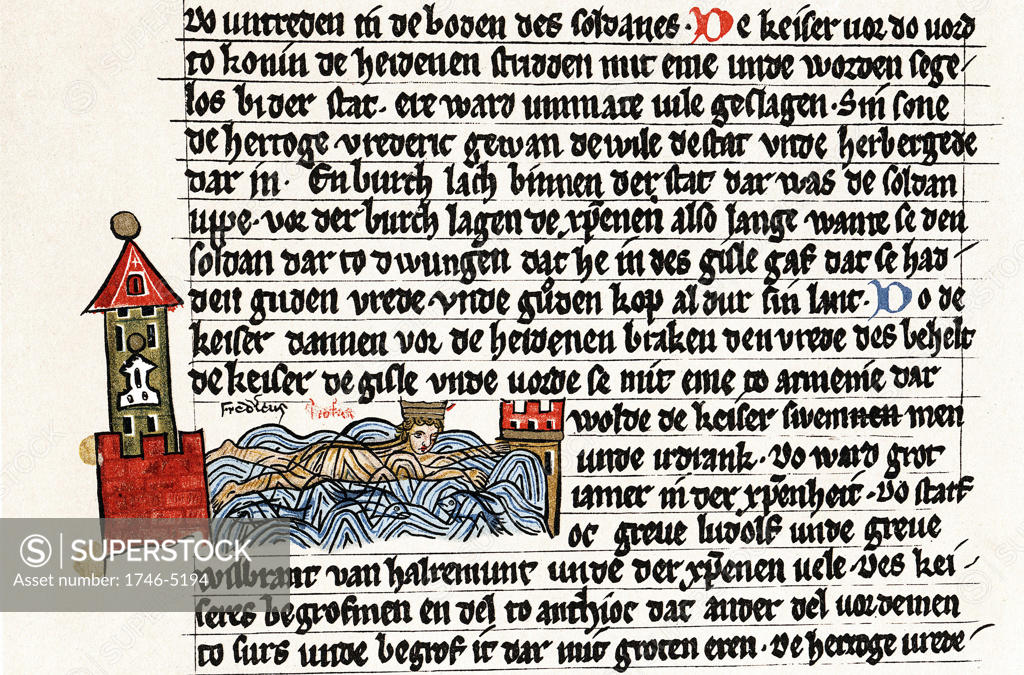 Stock Photo: 1746-5194 Frederick I (Barbarossa) c1123-1190 Holy Roman emperor from 1152. Death of Barbarossa who drowned trying to cross River Saleph in Cilicia. Gotha manuscript of the Saxon Chronicle, 2nd half of 13th century.
