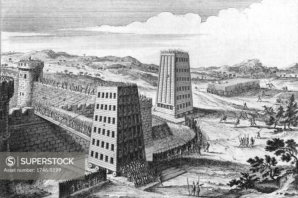 Stock Photo: 1746-5199 Wheeled siege towers and bridges of type used by Frederick II of Germany, Holy Roman Emperor for successful siege of Jerusalem (1229) ending 6th Crusade and 10 years truce. 18th century engraving.