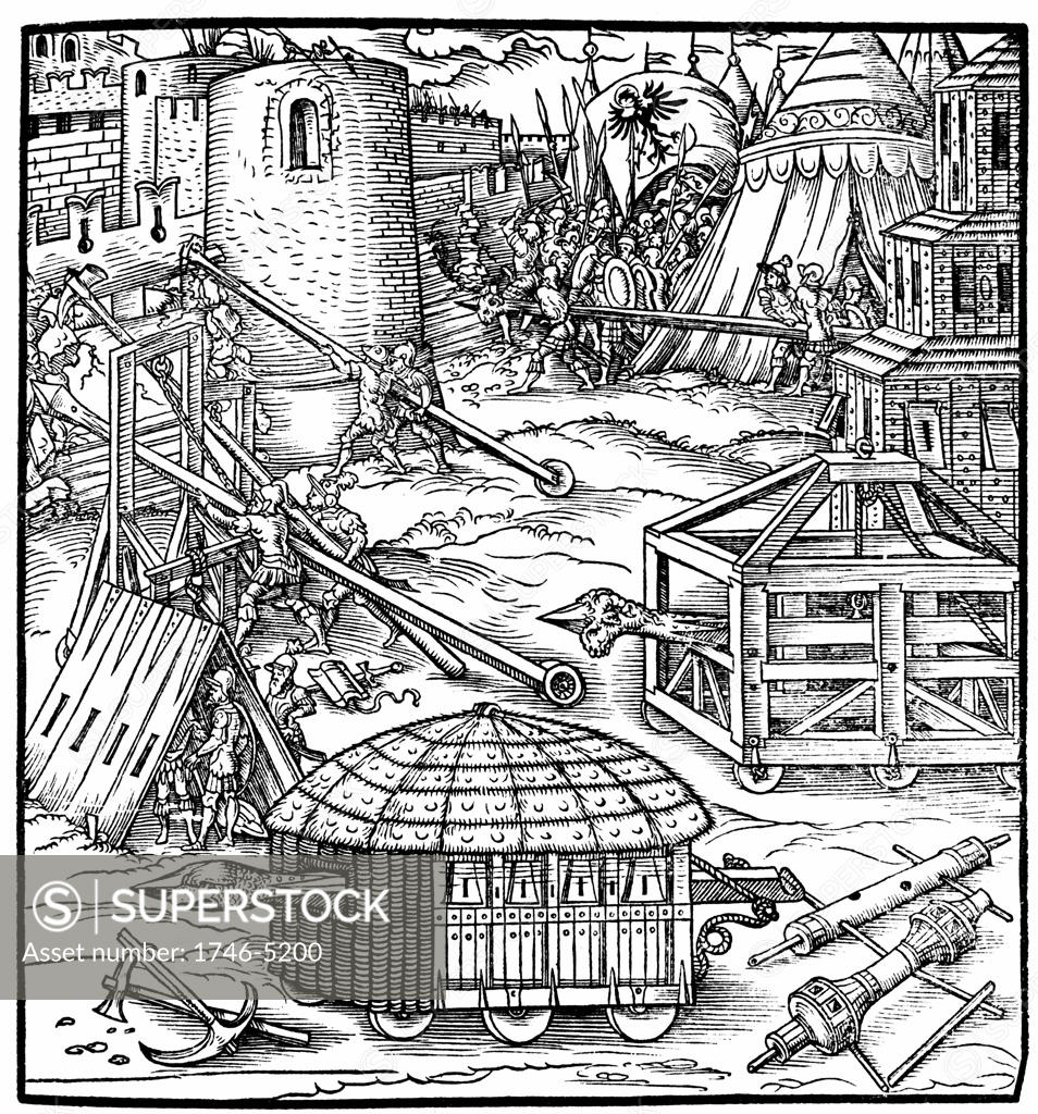 Stock Photo: 1746-5200 Various forms of siege equipment, including battering rams. Woodcut from Gaultherius Rivius Architectur ... Mathematischen ... Kunst 1547.