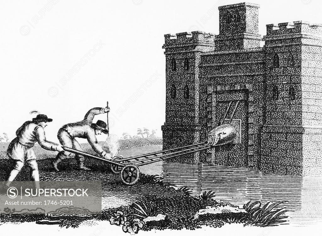 Stock Photo: 1746-5201 Method of fixing a petard (explosive device) to a fortress gateway when protected by a moat. Stipple engraving c1800.