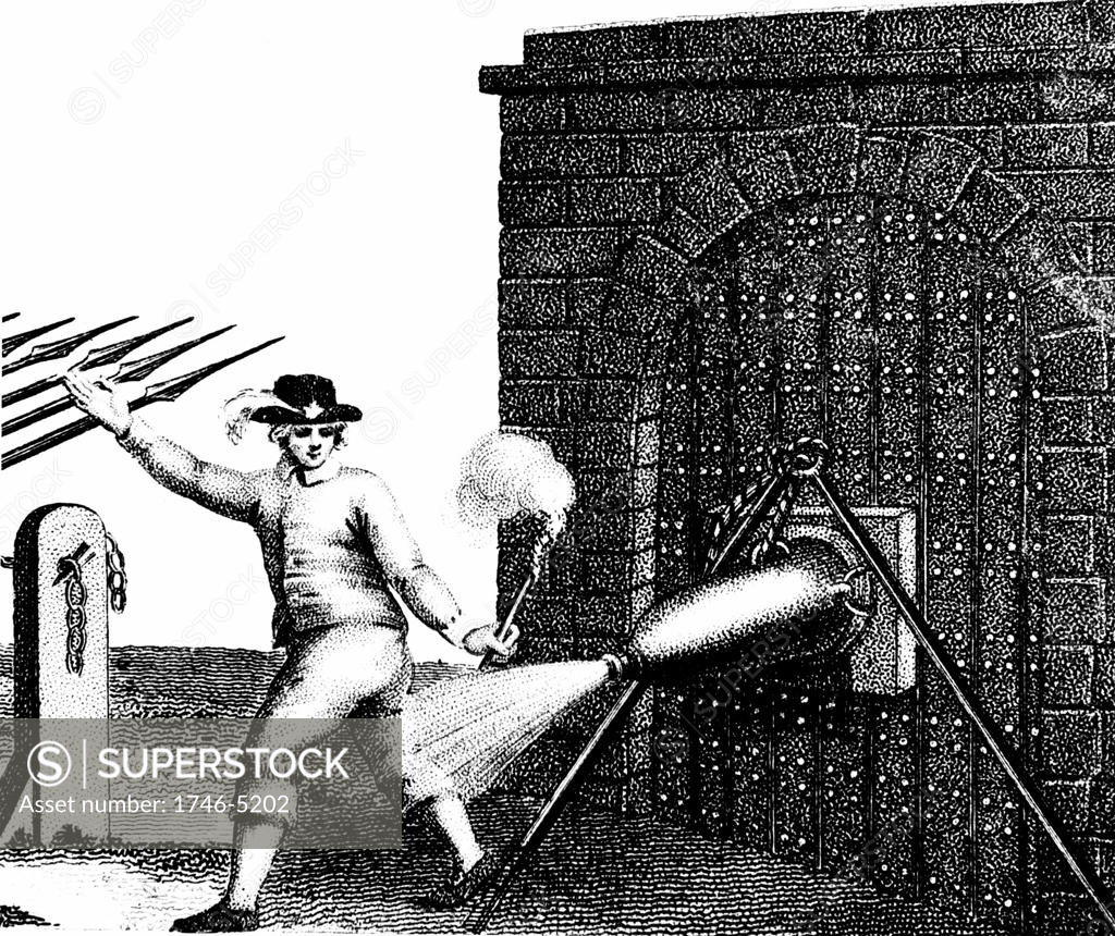Stock Photo: 1746-5202 Normal method of applying a petard (explosive device) to the gate of a fortress. The fuse has just been lit and the Fusilier is retreating quickly in order not to be 'hoist with his own petard'. Stipple engraving c1800.