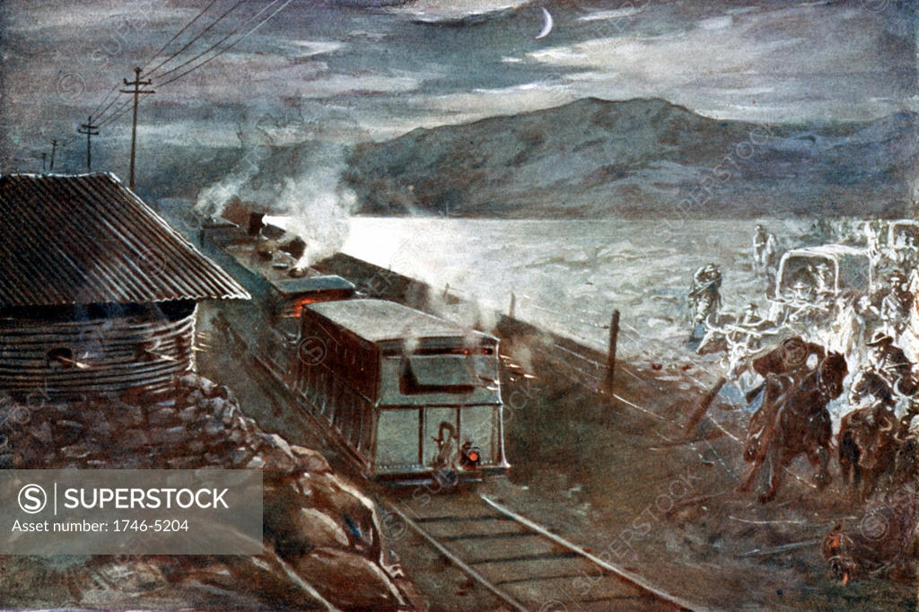 Stock Photo: 1746-5204 Boer War: Boer leader De Wet attempting to lead a party across a railway in face of fire from an armoured train and blockhouse (1899-1902).