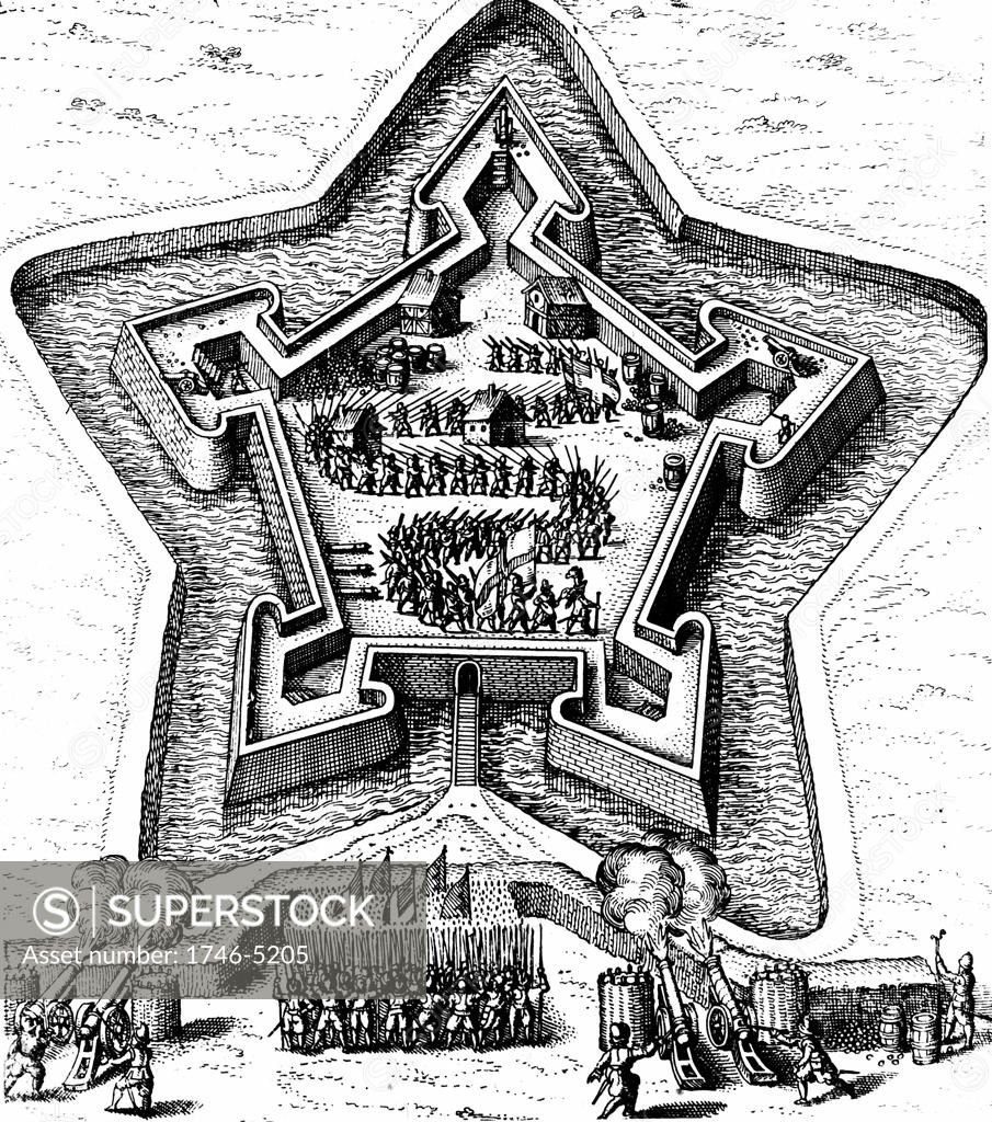 Stock Photo: 1746-5205 Star Fort defended by moat coming under siege. From Robert Fludd Utriusque cosmi ... historia Oppenheim 1617-1619. Engraving