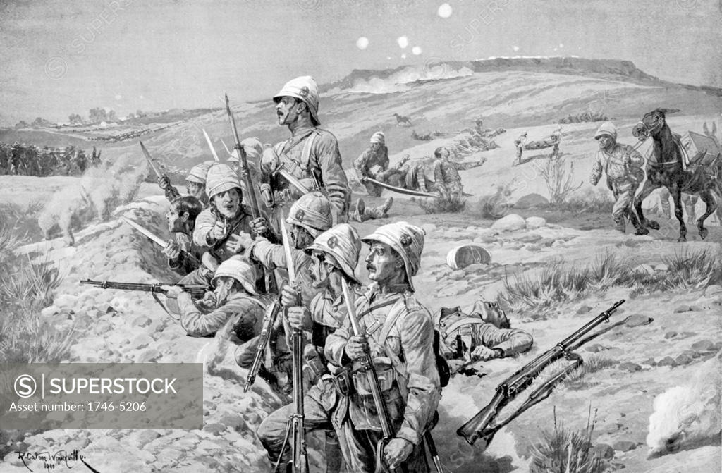 Stock Photo: 1746-5206 Boer War: Siege of Ladysmith by Boers, 1 November 1899 - 28 February 1900: defending British troops in trenches fixing bayonets in preparation to repel attack.