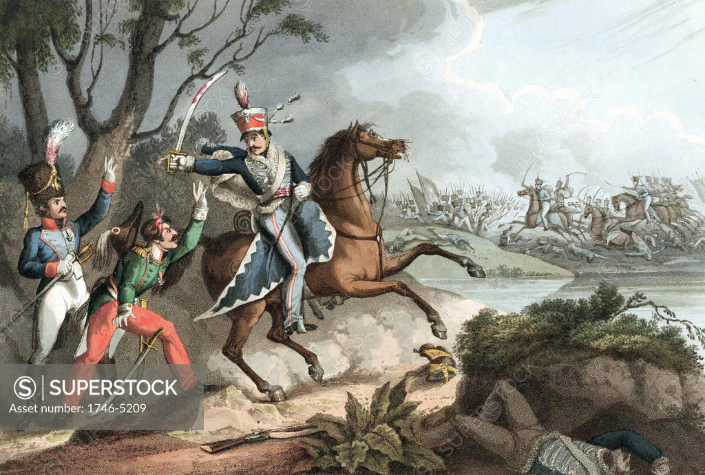 Stock Photo: 1746-5209 Napoleonic Wars: Battle of Albuera 16 May 1811,  Beresford defeats Soult. Sergeant of 18th Hussars (British) takes French officers prisoner.  Hand-coloured aquatint after W Heath 1817.
