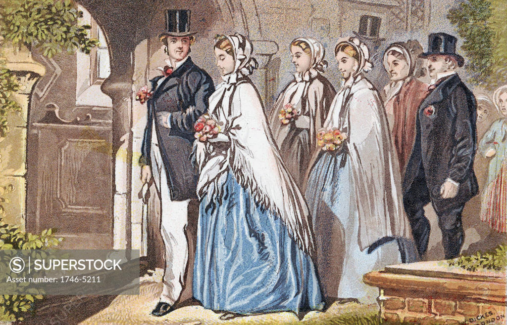 Stock Photo: 1746-5211 The Wedding Day' a bridal party at the church door. Chromolithograph c1885.