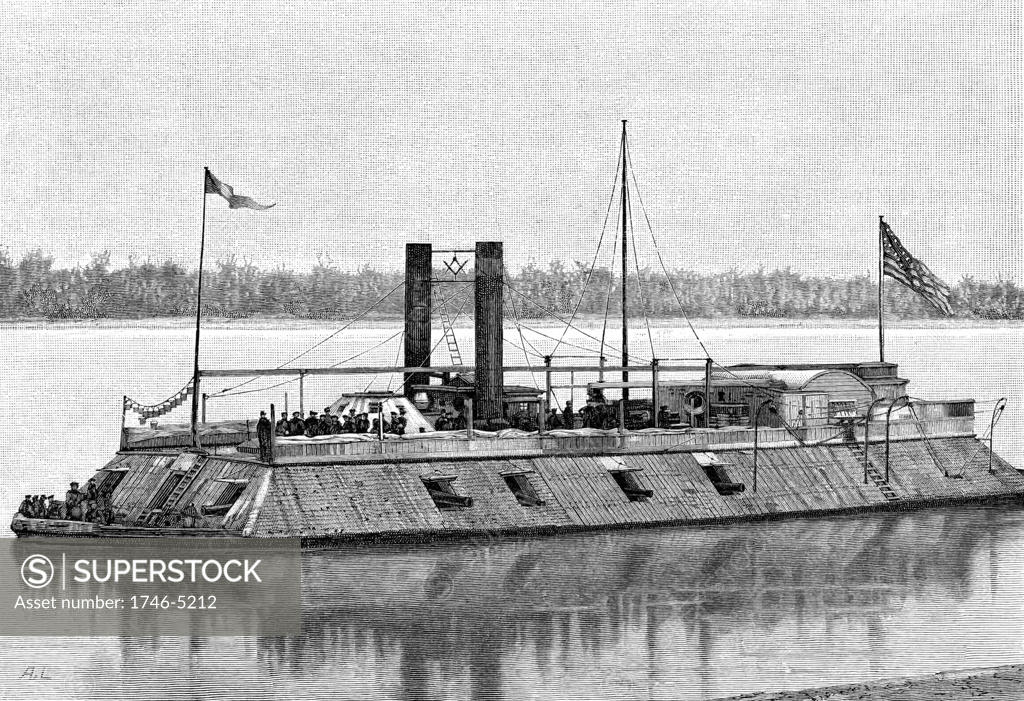 Stock Photo: 1746-5212 St Louis', James Buchanan Eads' earliest ironclad gunboat employed by Unionist (northern) side in American Civil War 1861-1865. Sunk by torpedo in 1863.  Engraving.