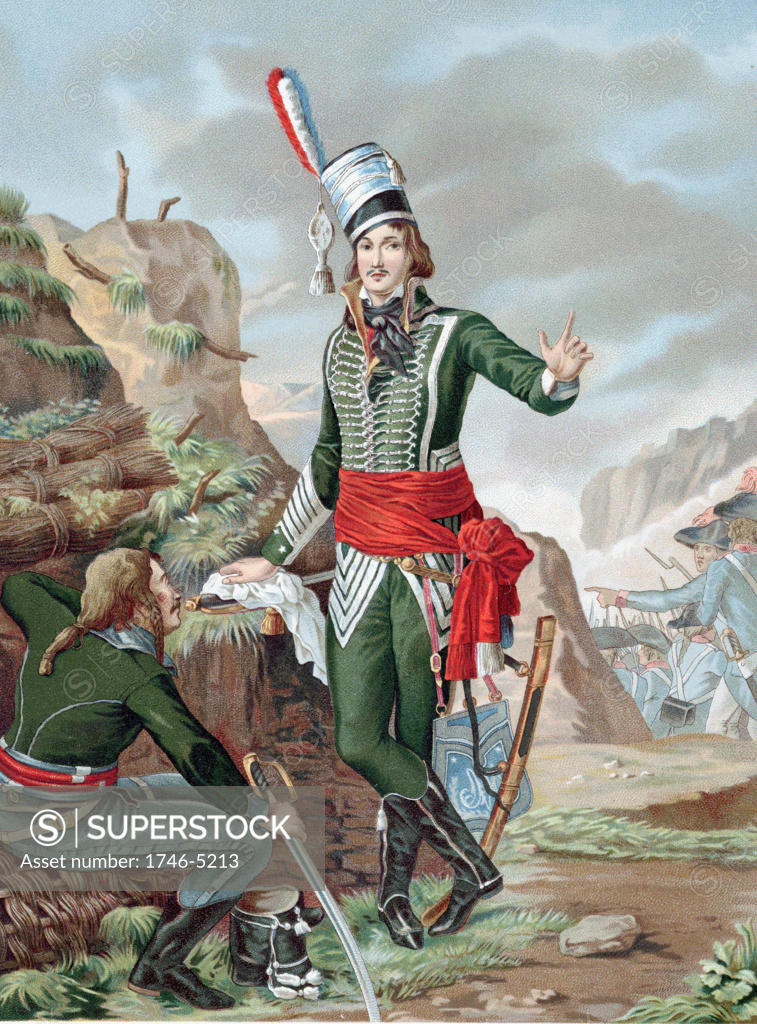 Stock Photo: 1746-5213 Francois Severin Marceau-Desgraviers (1769-1896) French revolutionary soldier; republican army of La Vendee; fought at Fleurus, Mainz, Mannheim and Coblenz. Mortally wounded Altenkirchen. Chromolithograph after painting.