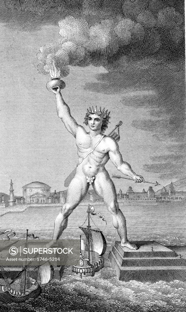 Stock Photo: 1746-5214 Colossus of Rhodes, lighthouse in the form of a giant marking the entrance of Rhodes harbour by holding a flaming torch in its hand, constructed c292-280 BC. Engraving.