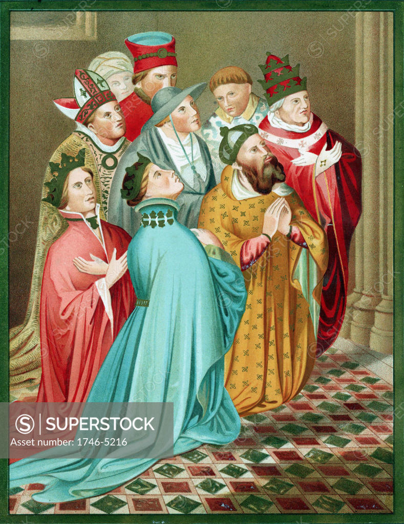 Stock Photo: 1746-5216 Ferdinand I of Aragon and his Queen, with Sigismund (1368-1437) Holy Roman Emperor from 1433 and Pope Martin V (1368-1431) at time of Council of Constance 1417. Chromolithograph after Carderera 'Iconografia Espanola'