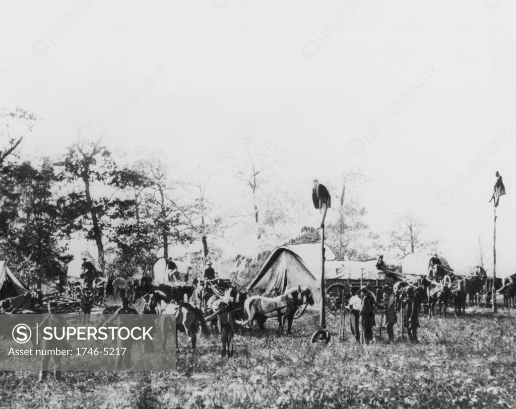 Stock Photo: 1746-5217 Telegraph construction camp during American Civil War 1861-1865 Photograph taken in the field.