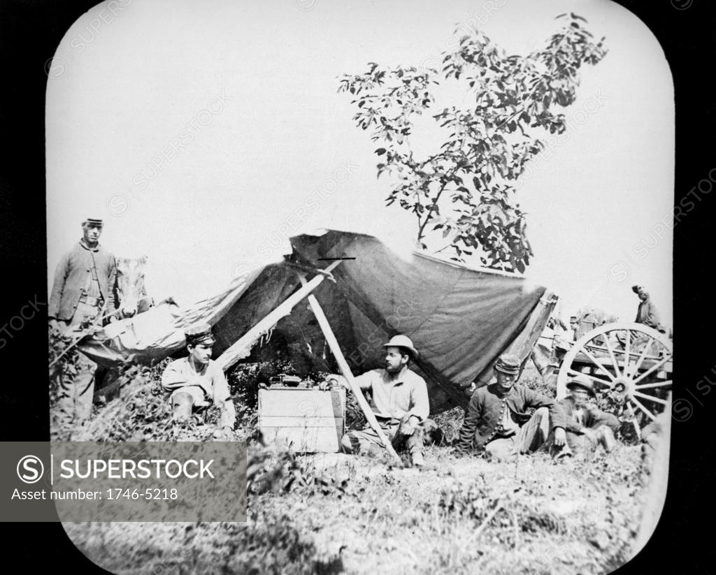 Stock Photo: 1746-5218 One of General Grant's Unionist (northern) Field Telegraph stations during the American Civil War 1861-1865. Photograph.