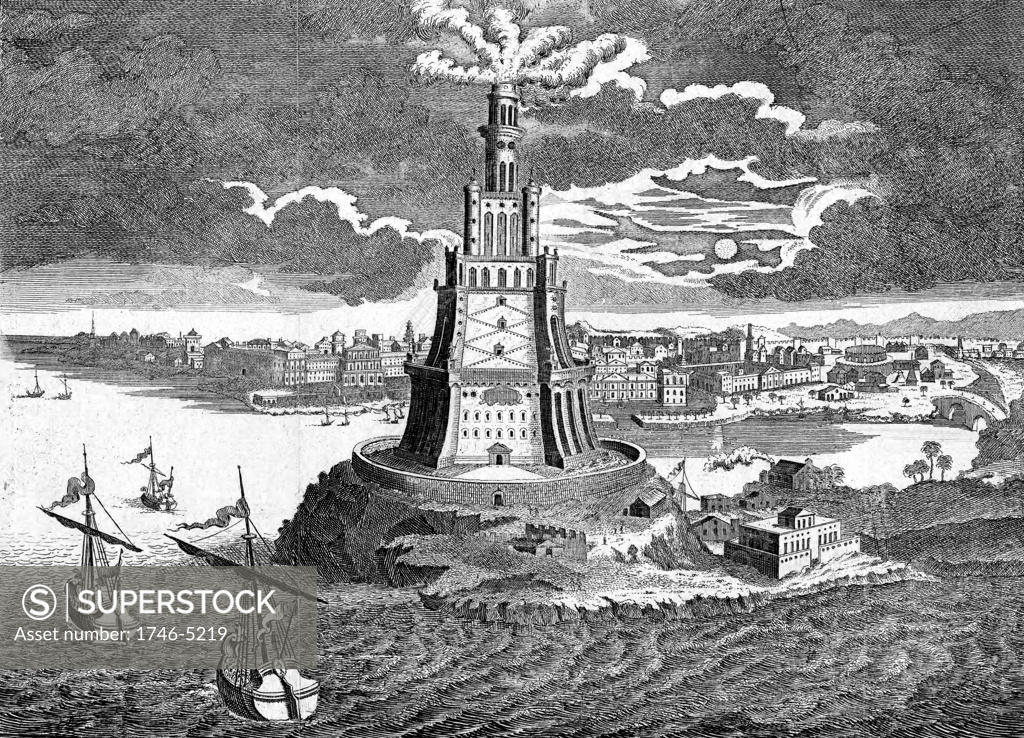 Stock Photo: 1746-5219 The great Pharos (lighthouse) built in 280 BC on the island of Pharos in the bay of Alexandria, Egypt. 18th century engraving