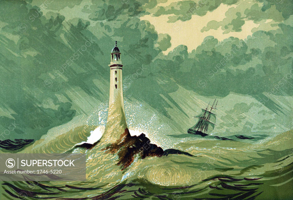 Stock Photo: 1746-5220 Third Eddystone lighthouse on Eddystone Rocks, 15 miles south of Plymouth in the English Channel, built by the English civil engineer John Smeaton (1724-1792) beginning in 1756. Remained in use until 1877. Oleograph c1850
