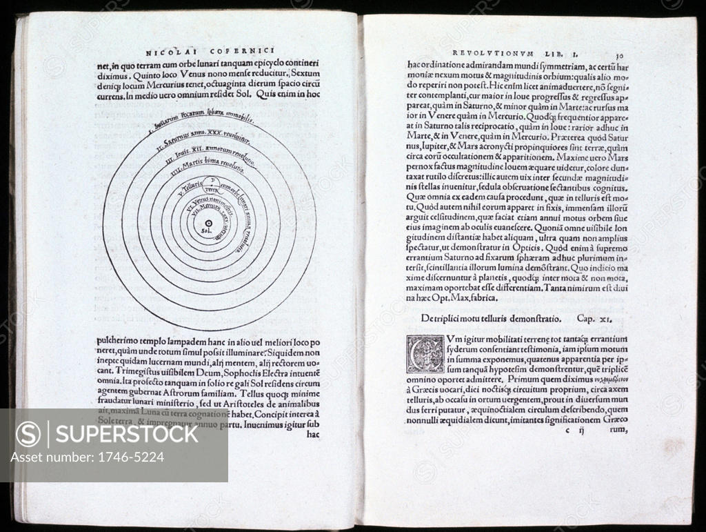 Stock Photo: 1746-5224 Nicolas Copernicus (1473-1543) Polish astronomer.  Spread of his De revolutionibus orbium coelestium Nuremberg 1543, showing diagram of his heliocentric (sun-centred) theory of the universe.