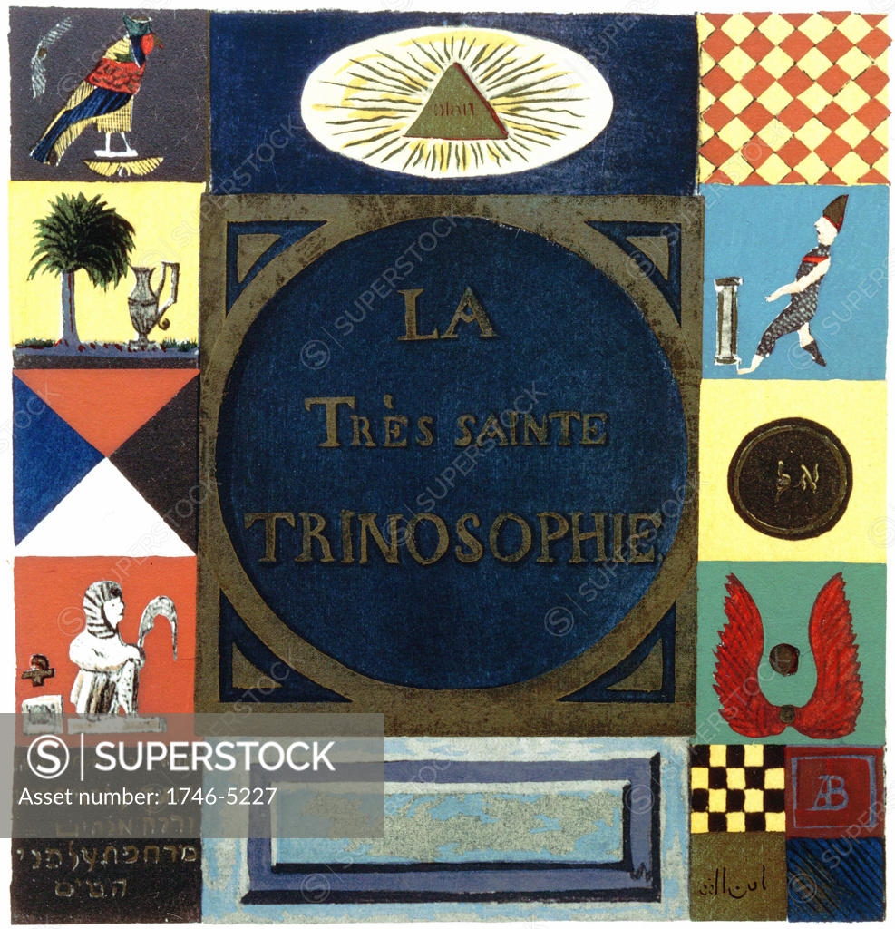 Stock Photo: 1746-5227 Title page of La Tres Sainte Trinosophie. 18th century cabbalistic-alchemical manuscript attributed to Comte de Sainte-Germain, showing symbols summarising Hermetism