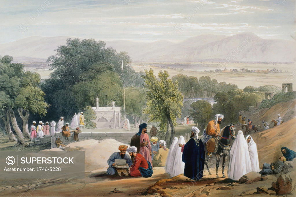 Stock Photo: 1746-5228 First Anglo-Afghan War 1838-1842: Tomb of Emperor Babur (d1530). From J Atkinson Sketches in Afghanistan London 1842. Hand-coloured lithograph.