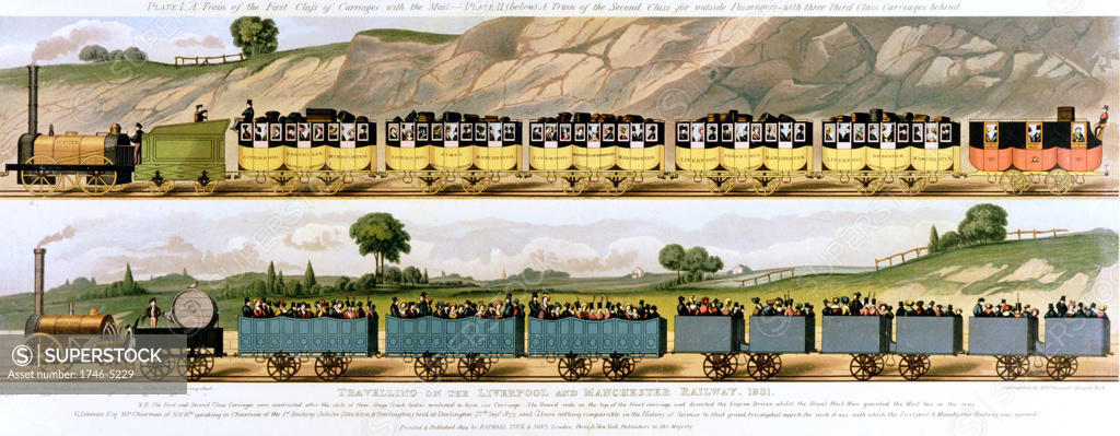Stock Photo: 1746-5229 Travelling on the Liverpool and Manchester Railway 1831. Top: 1st class carriages drawn by locomotive 'Jupiter'. Bottom: 2nd and 3rd class carriages drawn by locomotive 'North Star'. The world's first passenger railway, the Liverpool and Manchester opened 15 September 1830:  Principal engineer George Stephenson. Lithograph.