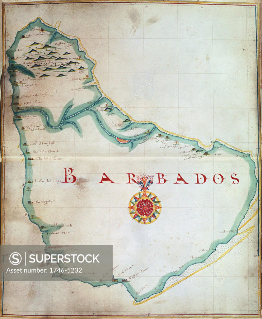 Stock Photo: 1746-5232 Map of Barbados, 1683. British Museum