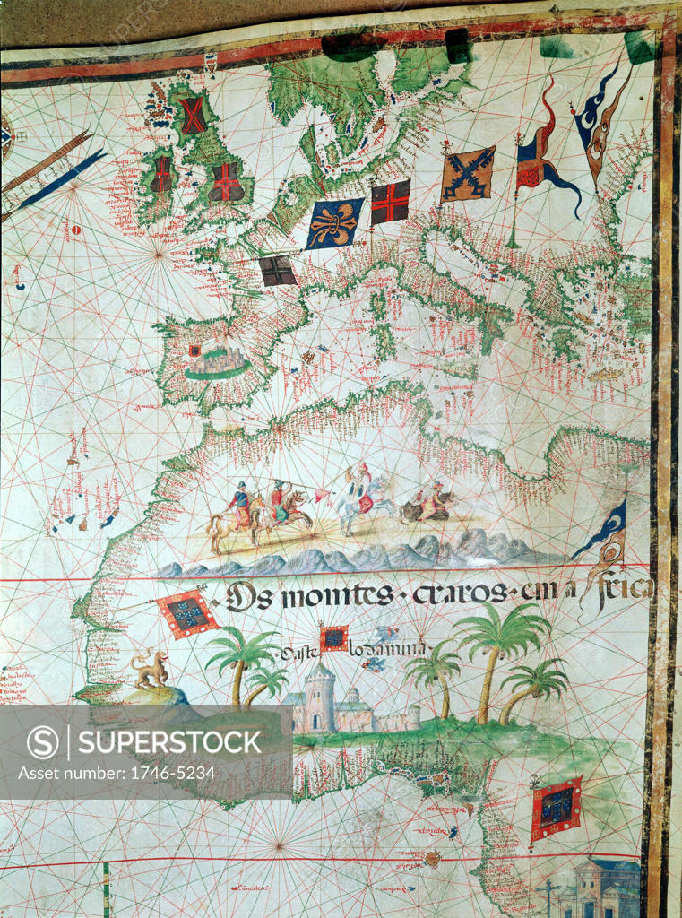 Stock Photo: 1746-5234 Portuguese map of 1558 by Bastian Lopez showing Europe, British Isles and part of Africa. British Museum.