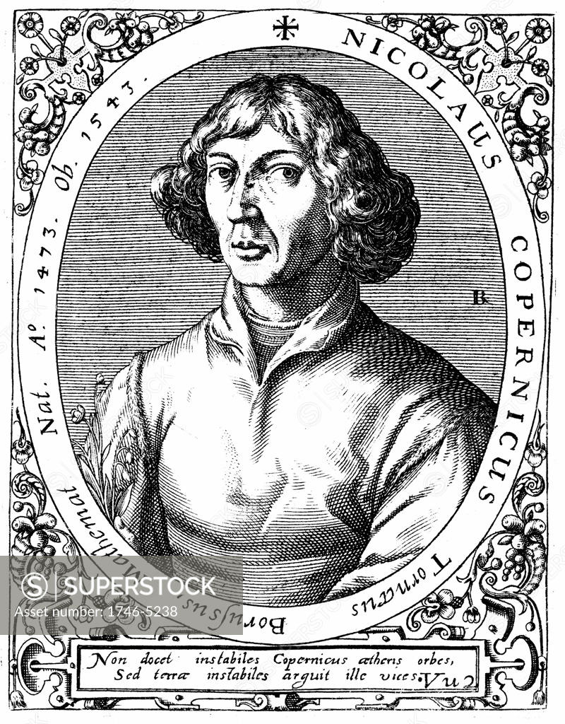 Stock Photo: 1746-5238 Nicolas Copernicus (1473-1543) Polish astronomer who in 1543 published De revolutionibus orbium coelestium in which he put forward proof of a heliocentric (sun-centred) universe. Copperplate engraving by de Bry, 1645.