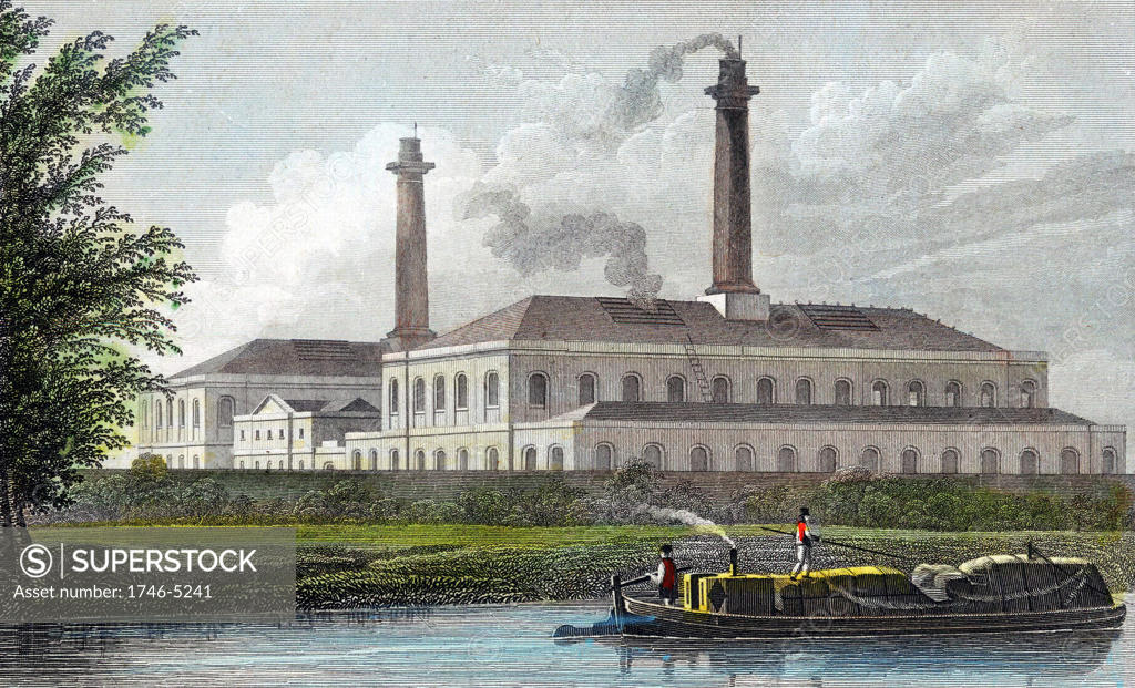 Stock Photo: 1746-5241 Gas Works on Regent's Canal, London. Hand-coloured engraving after TH Shepherd published 1828.