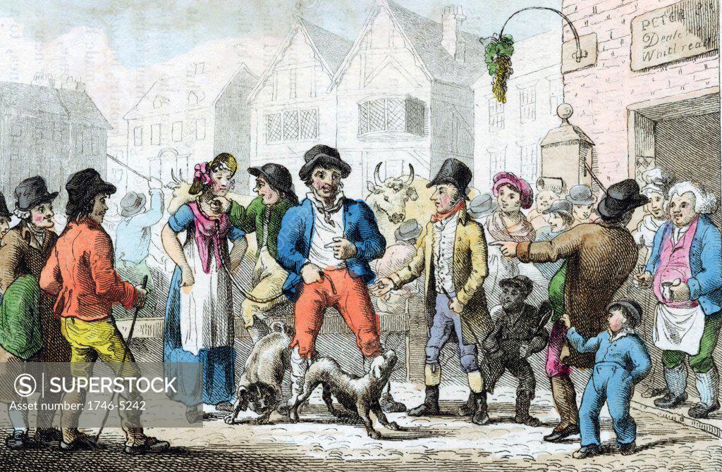 Stock Photo: 1746-5242 Selling a Wife to highest bidder. Illegal, but done in Sheffield 1803 Brighton 1808 and is an incident in Thomas Hardy's novel The Mayor of Casterbridge. Hand-coloured engraving from Popular Passtimes London 1816.