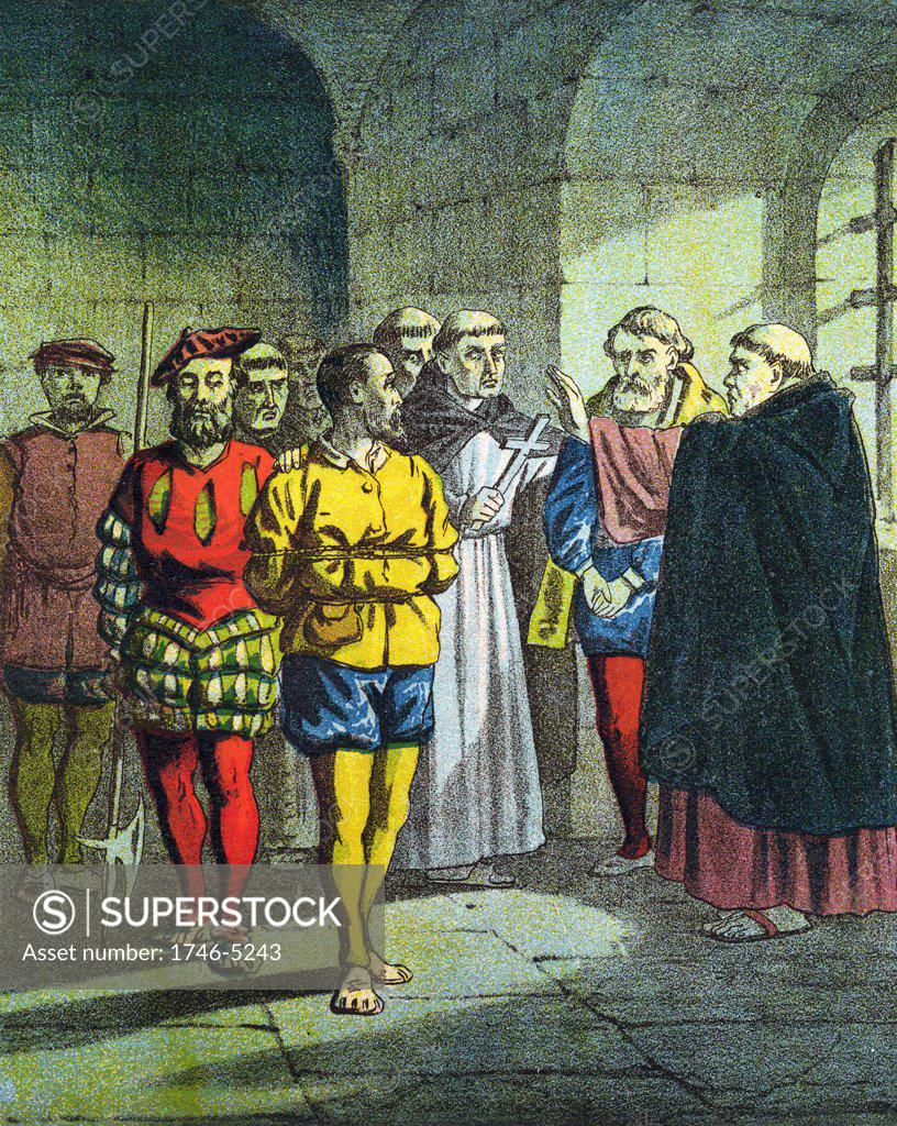 Stock Photo: 1746-5243 Baudicon Ogden & George Wishart (bc1513-1546), Scottish Protestant reformer, having been tried before Cardinal Beaton Bethune or Beautoun) and condemned to death, being urged to deny their faith and accept Rome.  Beaton assassinated in revenge for having the popular Wishart executed.  Chromolithograph from edition of Foxe's Book of Martyrs c1860.