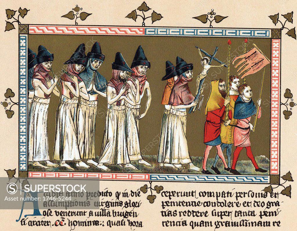 Stock Photo: 1746-5244 Flagellants or Brothers of the Cross in Netherlands town of Doornik 1349 scourging themselves as they walk through streets in order to free world from Black Death (Bubonic Plague). Chromolithograph after  Chronica Aegidii Li Muisius.
