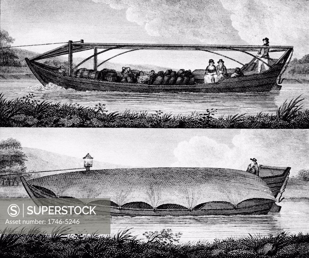 Stock Photo: 1746-5246 Canal boat for passengers and freight with framework for tarpaulin (top) and boat for freight covered with tarpaulin (bottom). Rope leading out of picture to left is attached to draught horse on canal towpath. From Robert Fulton A Treatise on the Improve