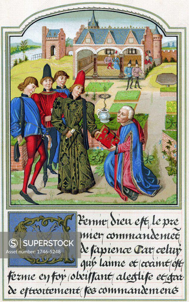 Stock Photo: 1746-5248 Charles The Bold (1433-77) Duke of Burgundy from 1467 accepting book from Georges Chastellain (c1405 or c1415-1475) Burgundian chronicler and poet. Chromolithograph after miniature from Chastellain L' Instruction d'un jeune Prince 15th century.
