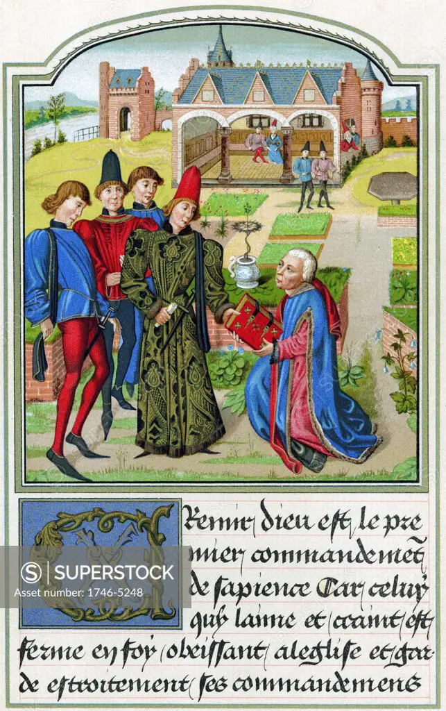 Charles The Bold (1433-77) Duke of Burgundy from 1467 accepting book from Georges Chastellain (c1405 or c1415-1475) Burgundian chronicler and poet. Chromolithograph after miniature from Chastellain L' Instruction d'un jeune Prince 15th century.