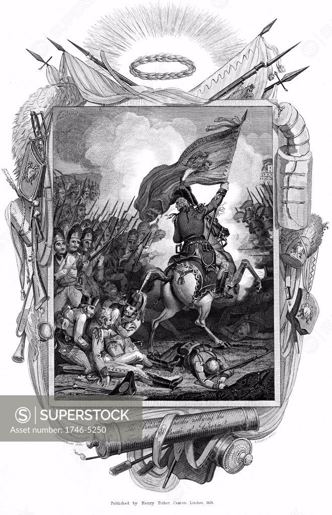 Stock Photo: 1746-5250 Archduke Charles of Austria (1771-1847) rallies some of 115,000 Austrian troops he commanded to victory at Aspern Essling 21-22 May 1809. First major personal defeat for Napoleon. Copperplate engraving 1832.