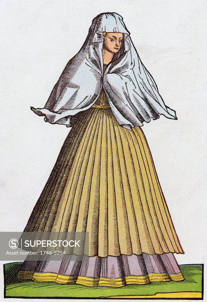 Stock Photo: 1746-5254 Roman prostitute or courtesan of the 16th century in street dress. 16th century  coloured woodcut.
