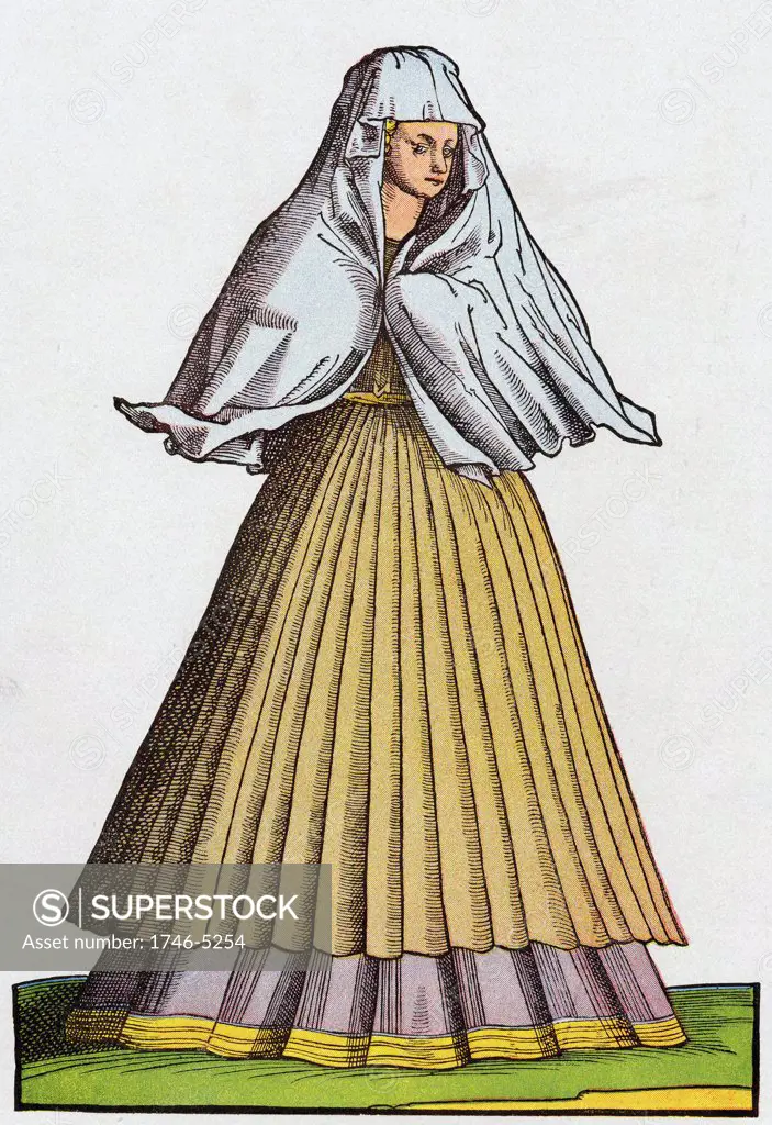 Roman prostitute or courtesan of the 16th century in street dress. 16th century  coloured woodcut.