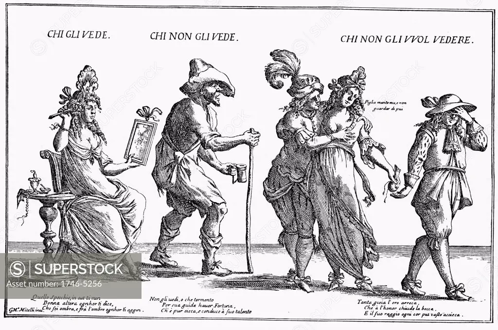 Prostitute grooming herself, left. Pimp (right) takes purse of money from lady of the town entertaining a gallant. 17th century Italian engraving.