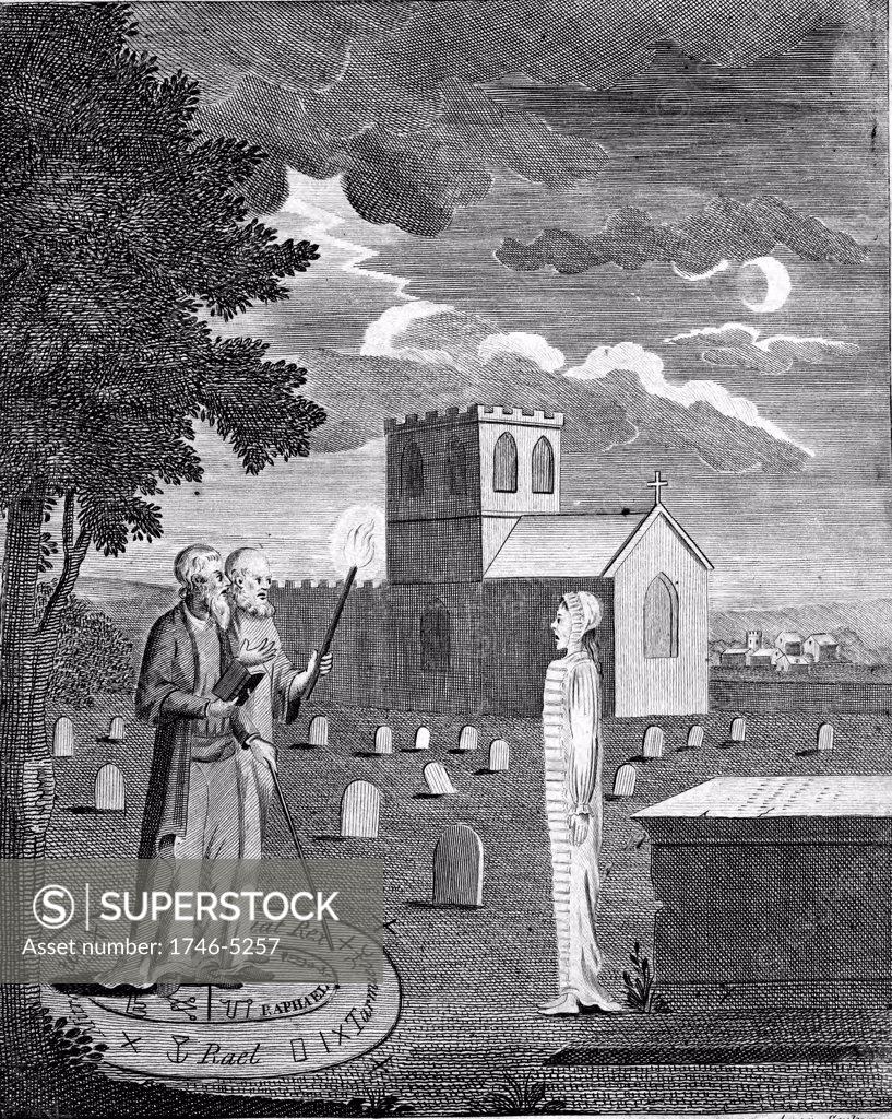 Stock Photo: 1746-5257 Edward Kelly (Kelley) left (active 1575) English astrologer and alchemist with his assistant raising spirit in churchyard. Copperplate engraving c1790.
