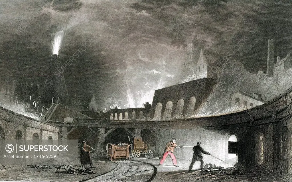 Bank of furnaces Lymington Iron Works, Tyneside, England. Illustration by Thomas Allom published 1835. By this time Nielsen hot blast process (1824) in general use. Engraving